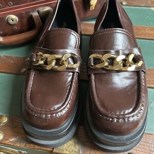 Jeffery Campbell Platform Brown Leather Loafers with Gold Chain